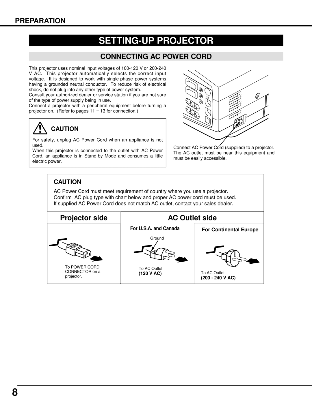 Eiki LC-XG100, LC-XG200 SETTING-UP Projector, Connecting AC Power Cord, For U.S.A. and Canada For Continental Europe 