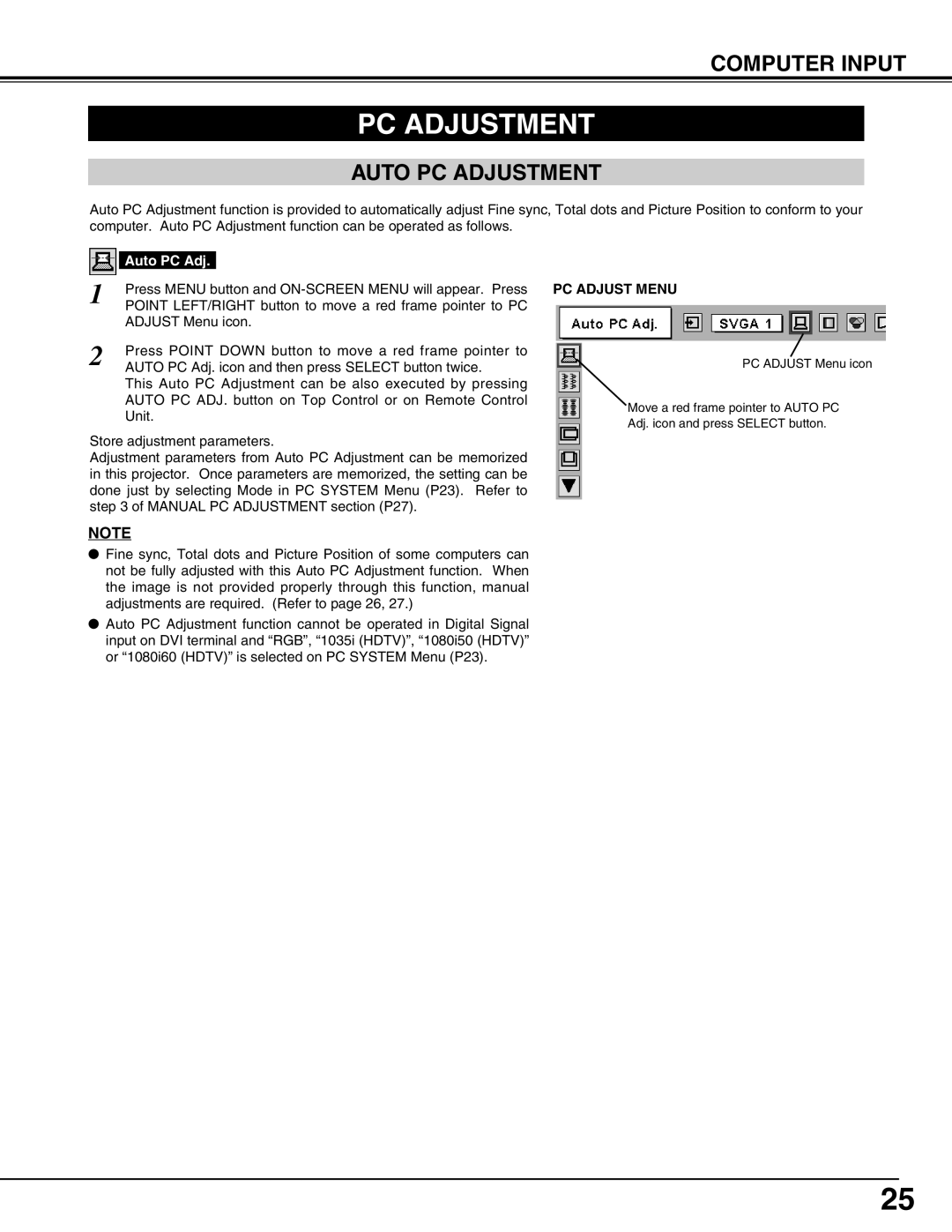 Eiki LC-XG110 instruction manual Auto PC Adjustment, PC Adjust Menu 