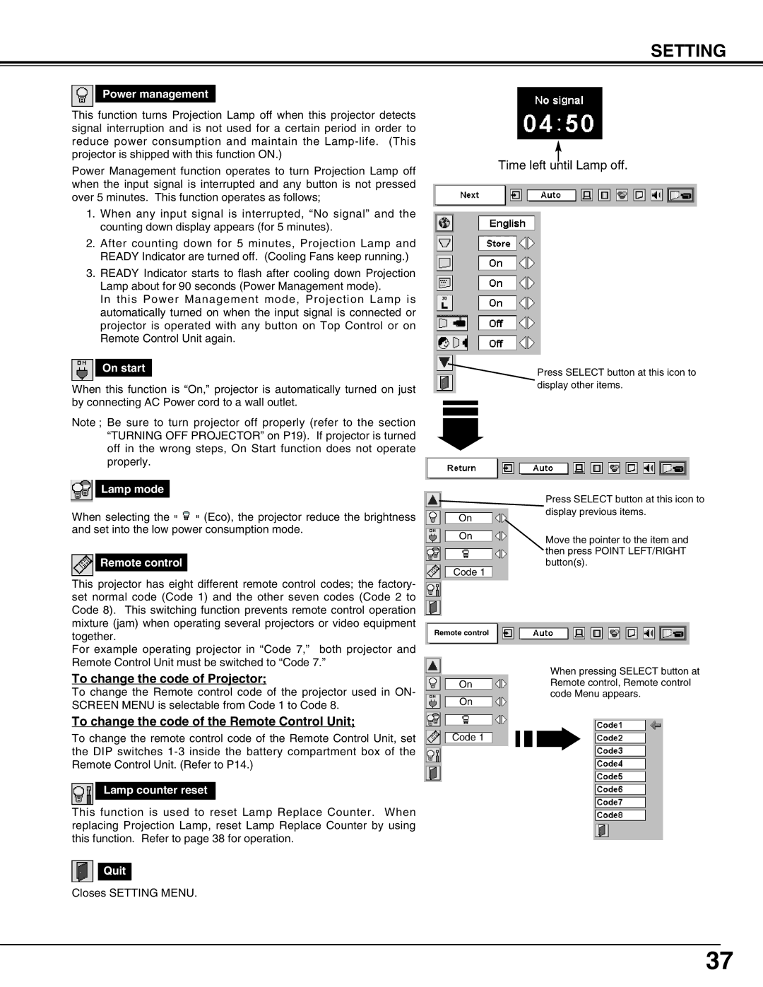 Eiki LC-XG110 instruction manual To change the code of Projector, To change the code of the Remote Control Unit 