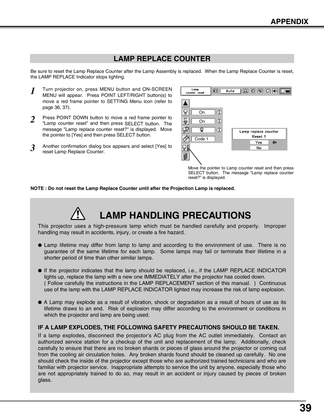 Eiki LC-XG110 instruction manual Lamp Handling Precautions, Appendix Lamp Replace Counter 