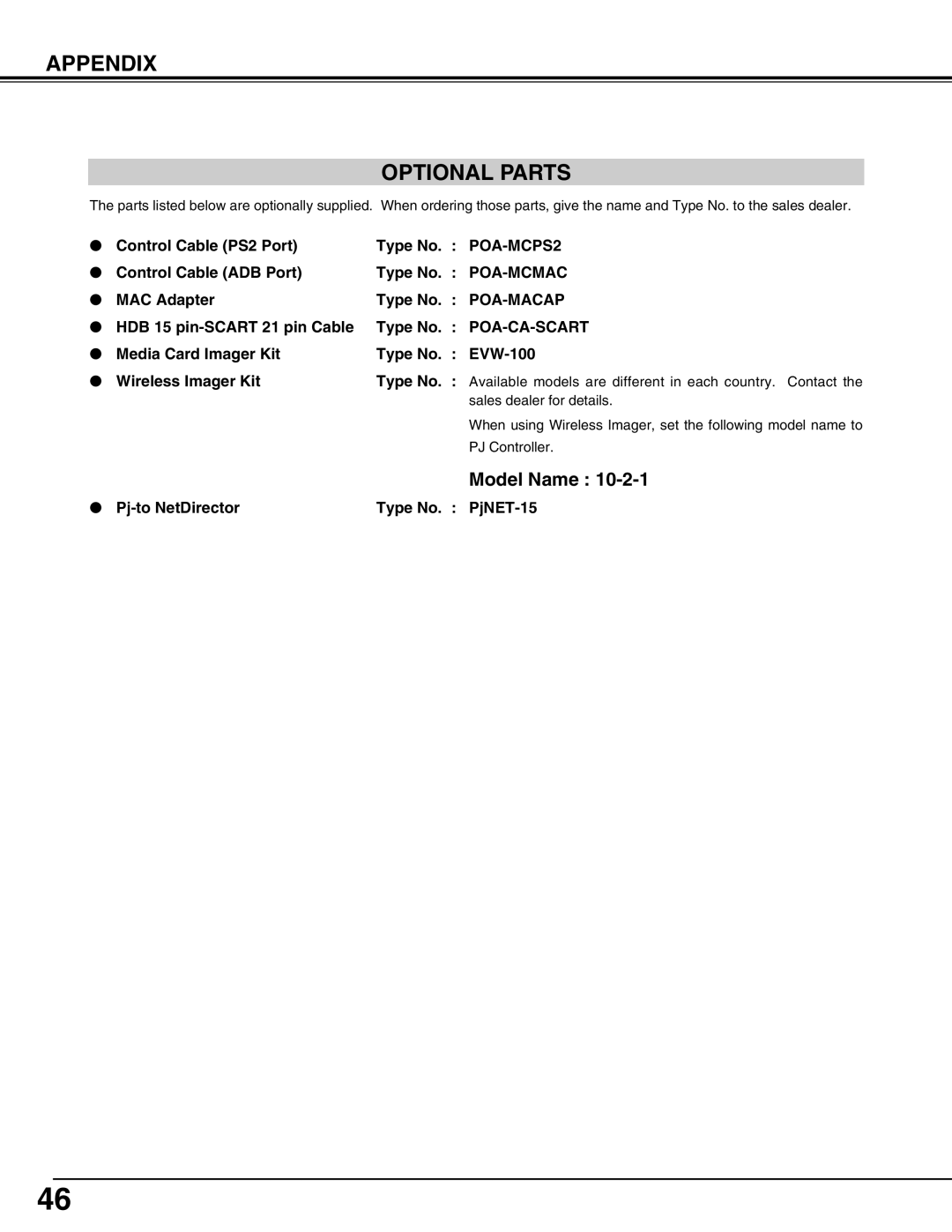 Eiki LC-XG110 instruction manual Appendix Optional Parts, POA-MCPS2, Poa-Mcmac, Poa-Macap, Poa-Ca-Scart 