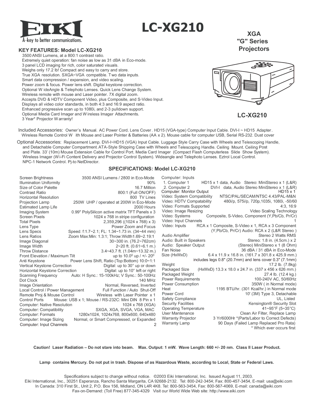 Eiki warranty Xga, Series Projectors LC-XG210, KEY Features Model LC-XG210, Specifications Model LC-XG210 