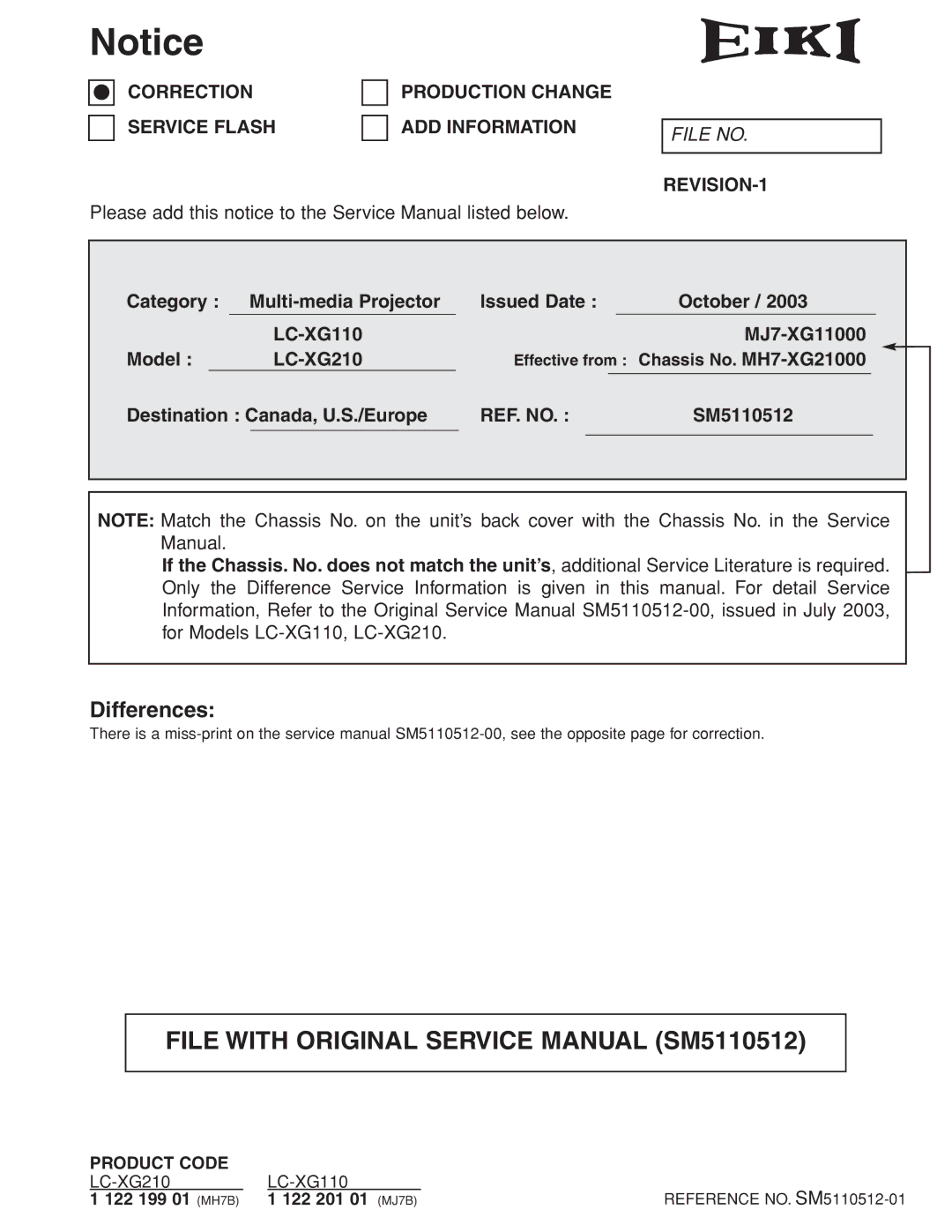 Eiki LC-XG210 service manual Effective from, Reference NO. SM5110512-01 