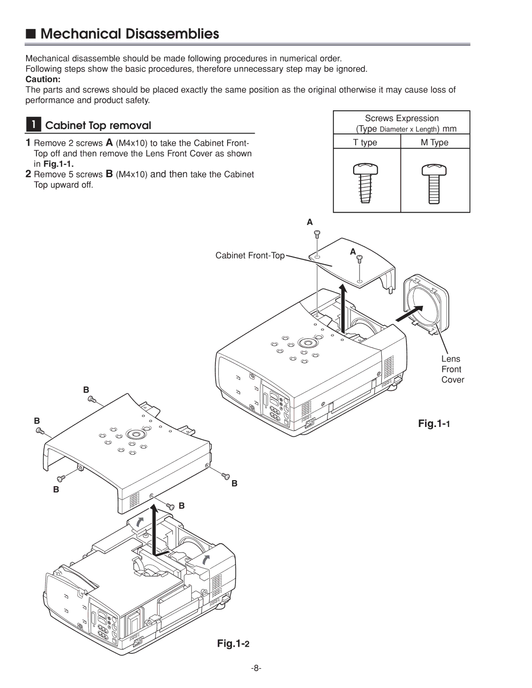 Eiki LC-XG210 service manual Mechanical Disassemblies, Cabinet Top removal, Cabinet Front-Top 