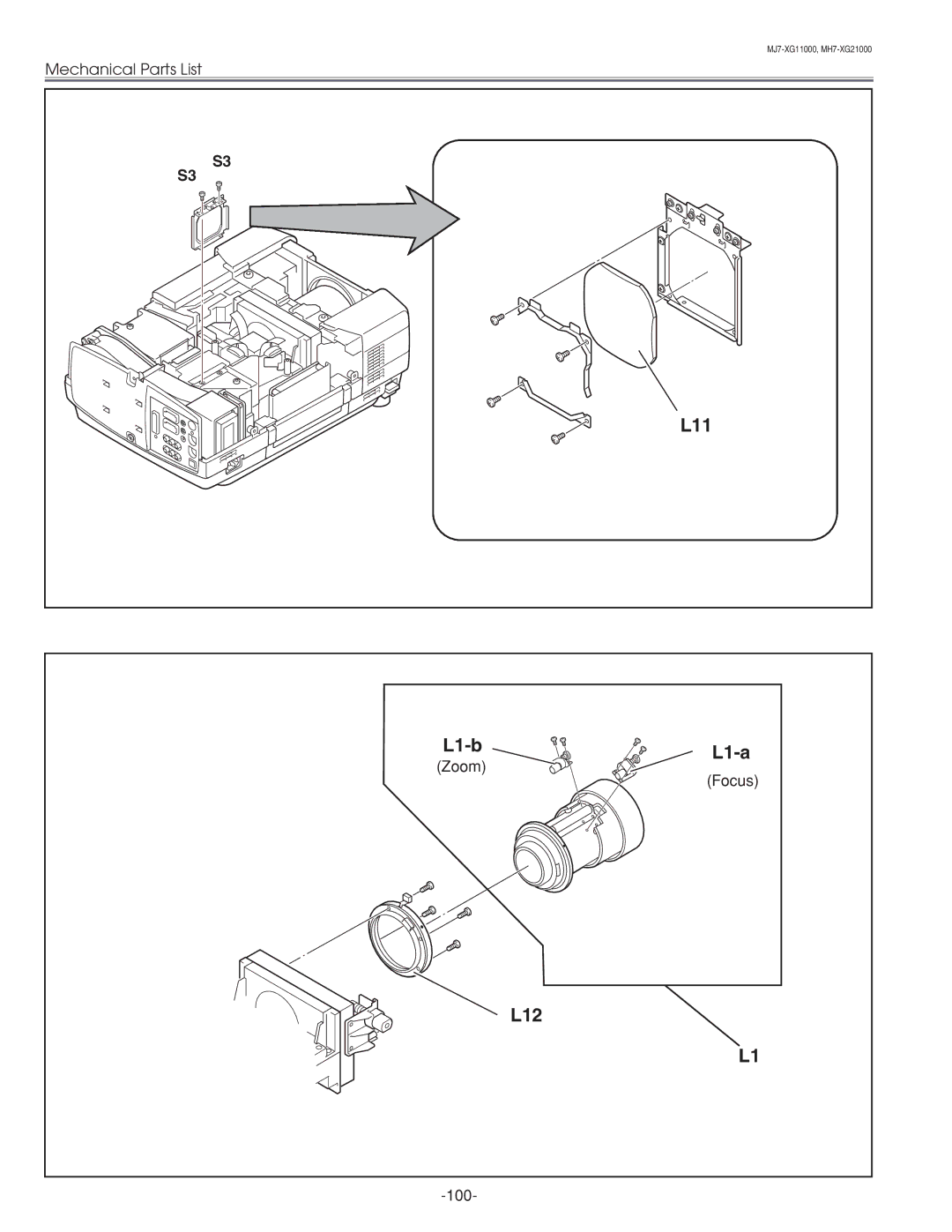 Eiki LC-XG210 service manual Zoom, Focus, 100 