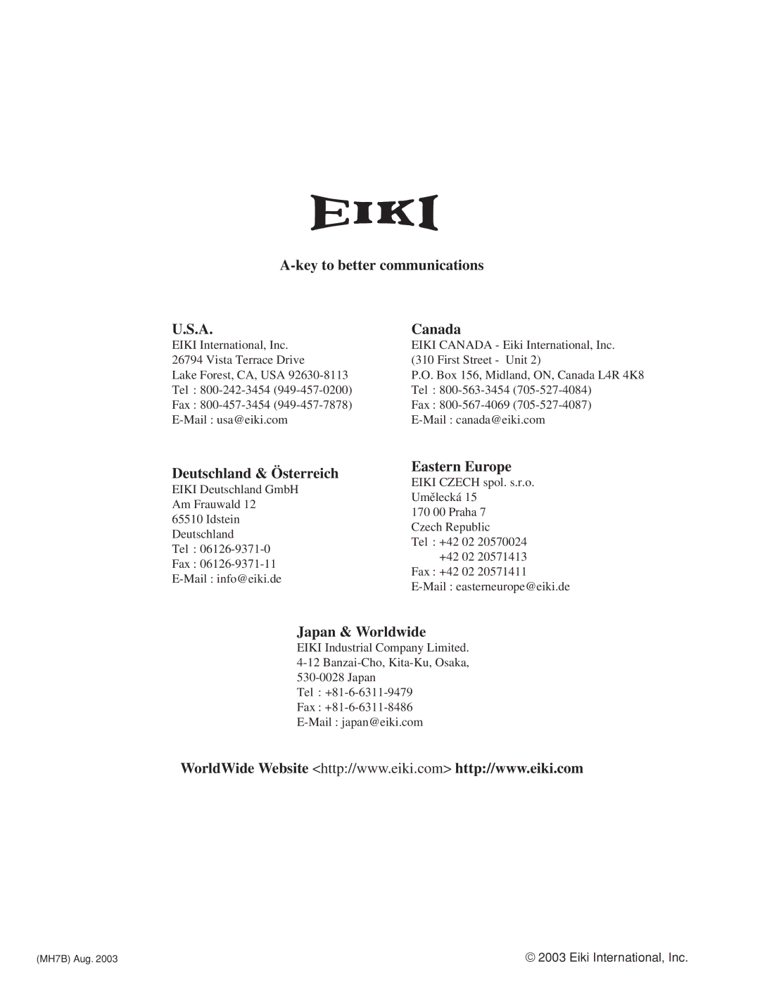 Eiki LC-XG210 service manual Key to better communications Canada 