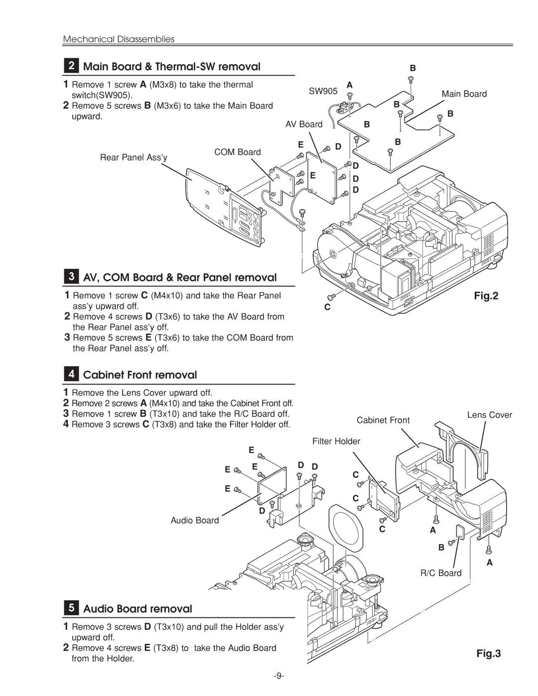 Eiki LC-XG210 service manual AV, COM Board & Rear Panel removal, Cabinet Front removal, Audio Board removal, D D 