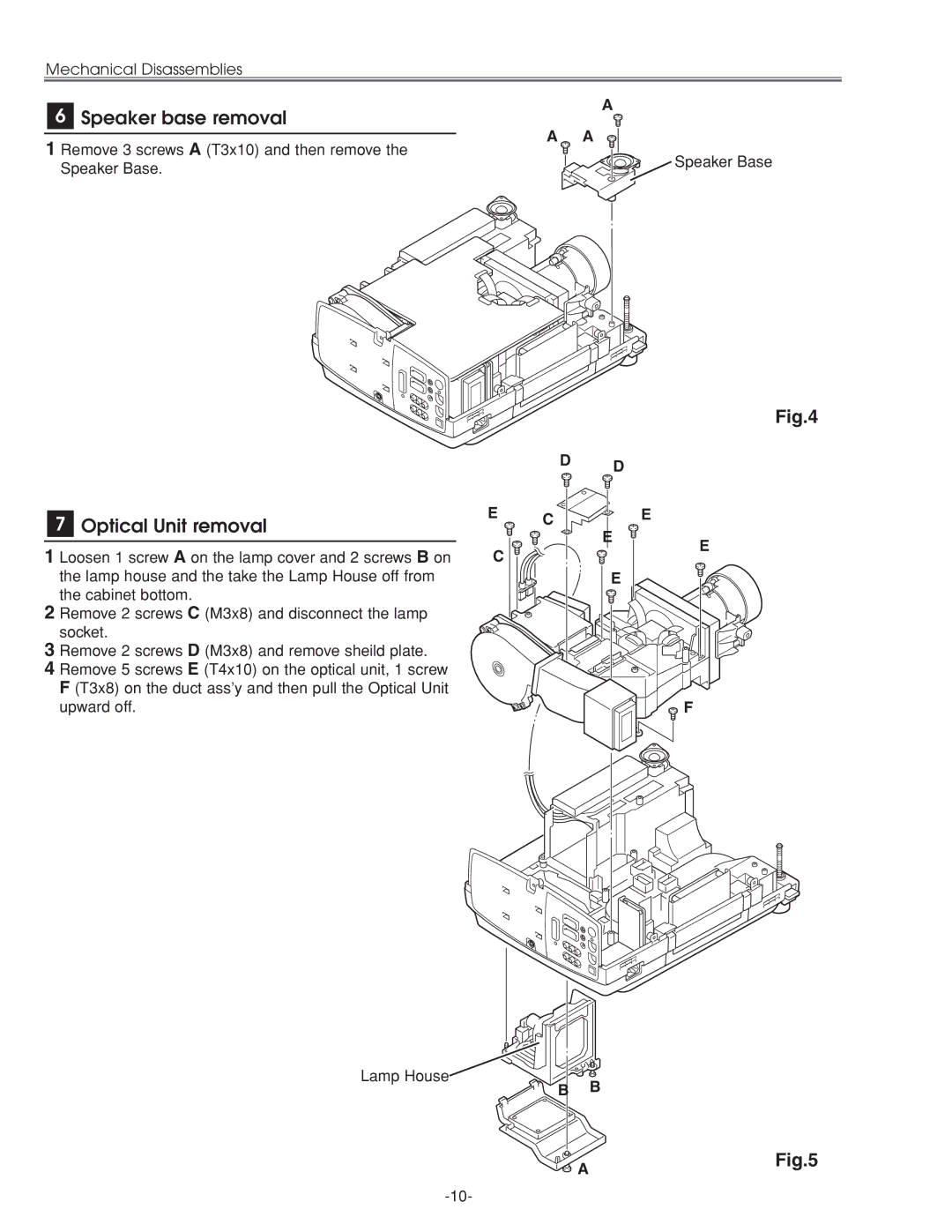 Eiki LC-XG210 service manual Speaker base removal, Optical Unit removal 