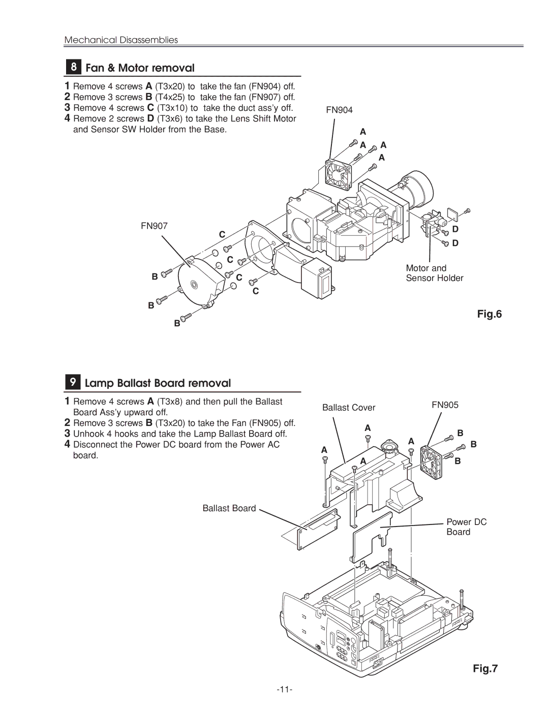 Eiki LC-XG210 service manual Fan & Motor removal, Lamp Ballast Board removal 