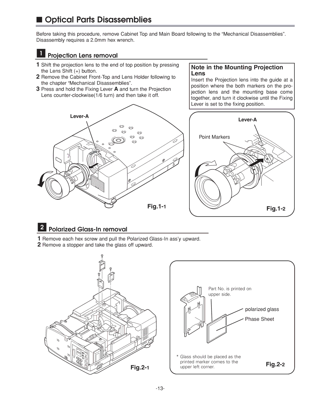 Eiki LC-XG210 service manual Optical Parts Disassemblies, Projection Lens removal, Polarized Glass-In removal, Lever-A 