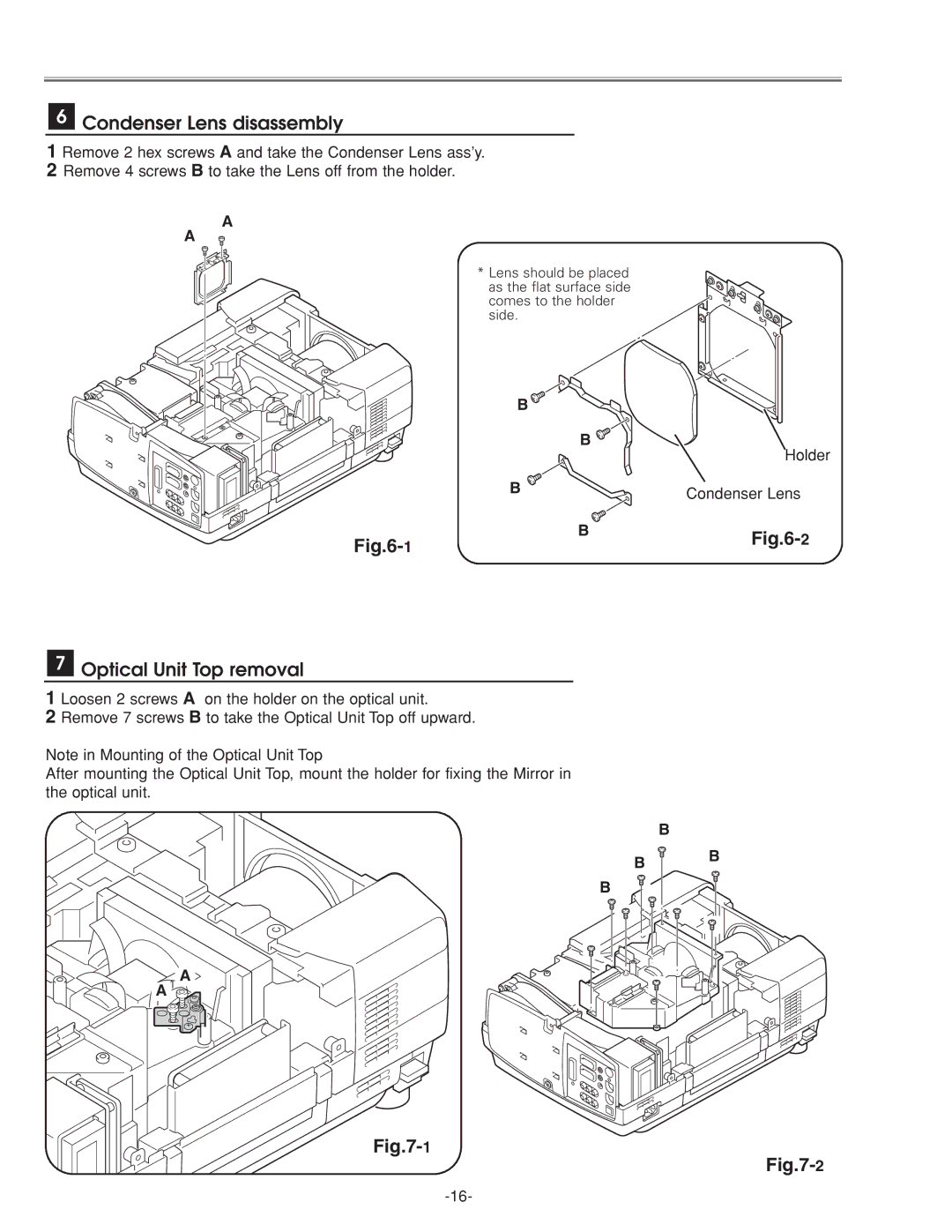 Eiki LC-XG210 service manual Condenser Lens disassembly, Optical Unit Top removal 