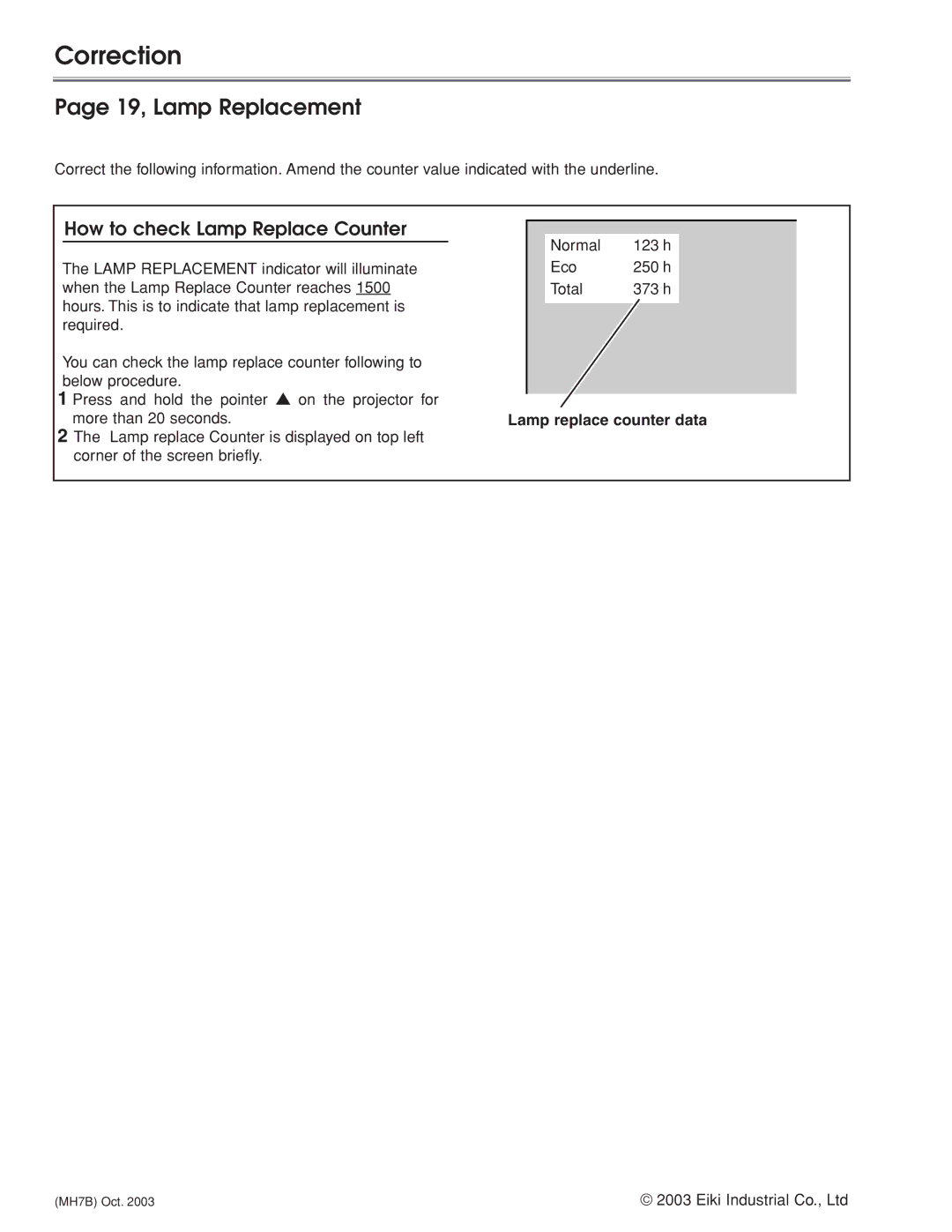 Eiki LC-XG210 service manual Correction, How to check Lamp Replace Counter, Lamp replace counter data 