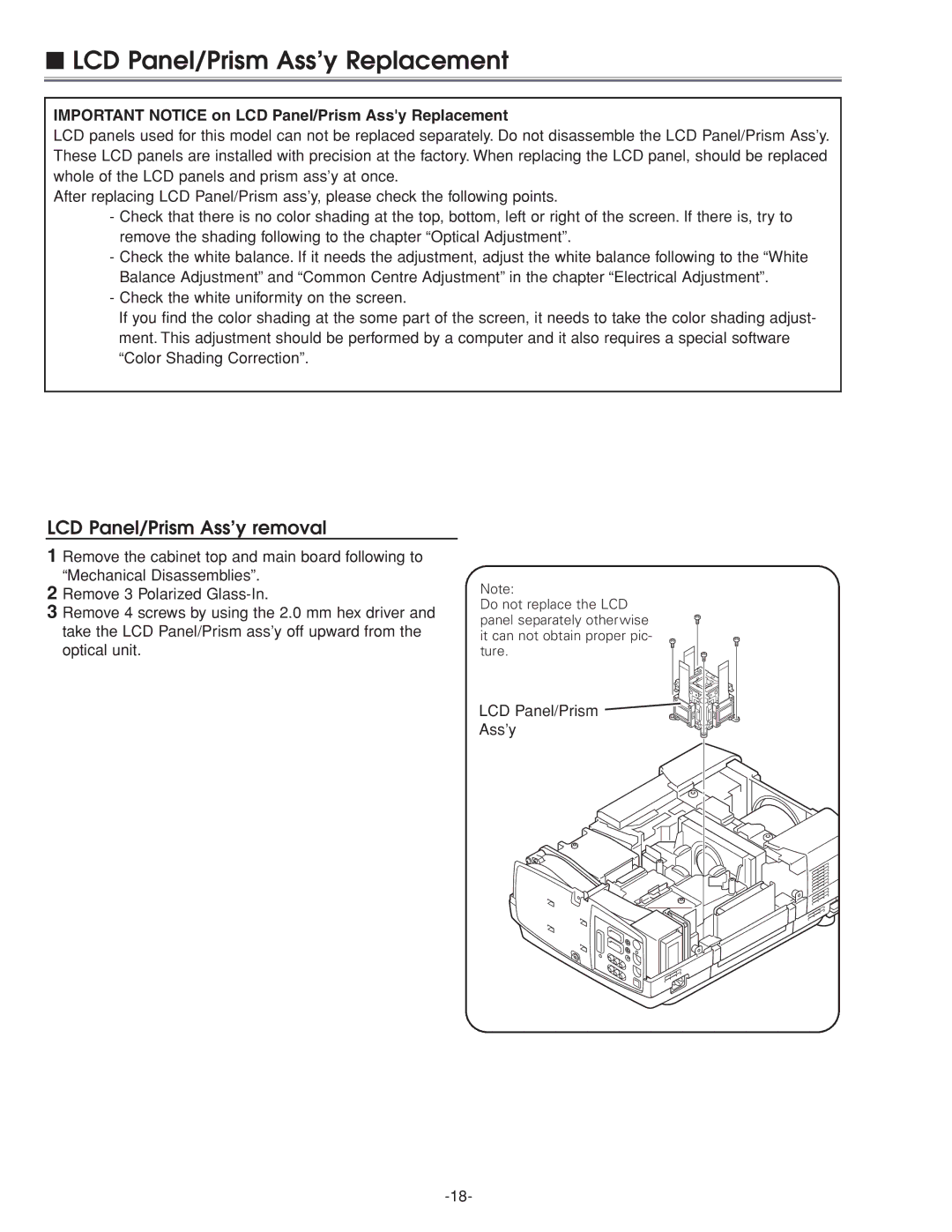 Eiki LC-XG210 service manual LCD Panel/Prism Ass’y Replacement, LCD Panel/Prism Ass’y removal 