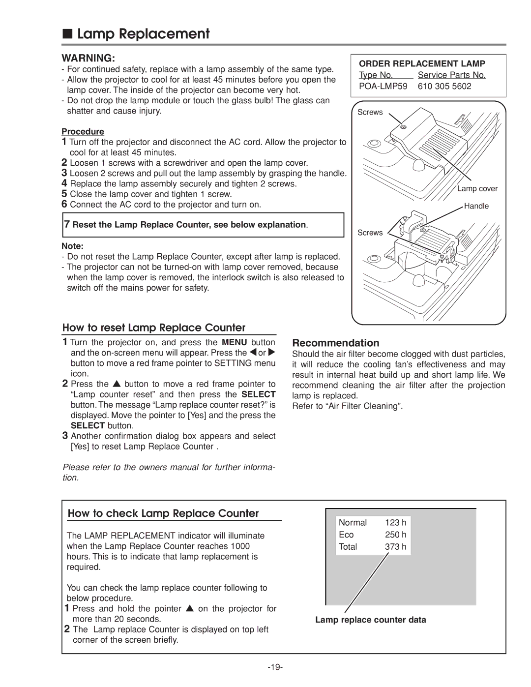 Eiki LC-XG210 service manual Lamp Replacement, How to reset Lamp Replace Counter, Procedure, Order Replacement Lamp 