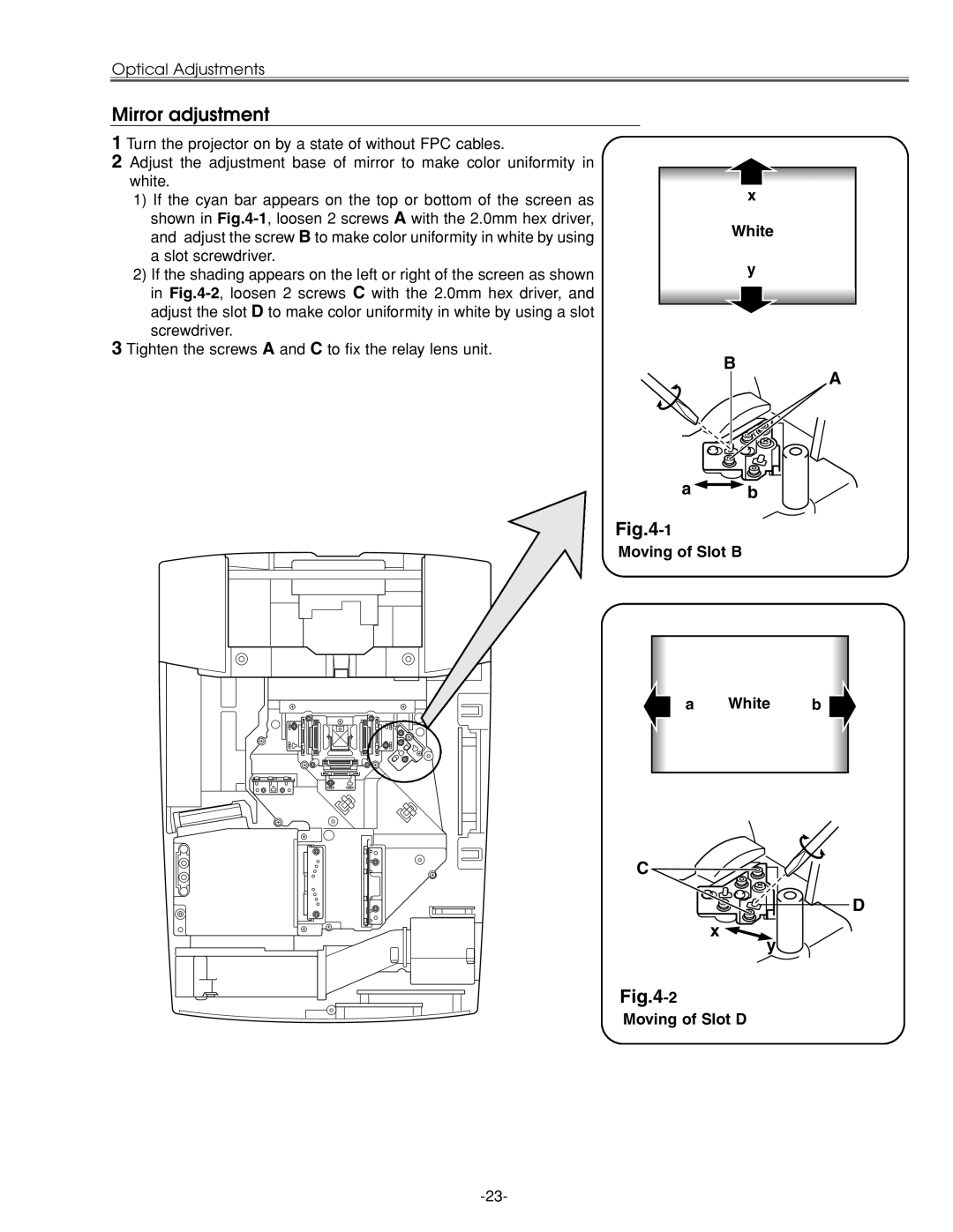 Eiki LC-XG210 service manual Mirror adjustment, White Moving of Slot B White b Moving of Slot D 