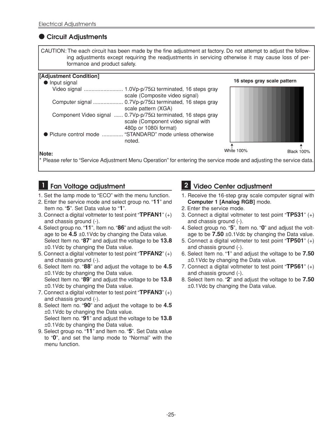 Eiki LC-XG210 service manual Circuit Adjustments, Fan Voltage adjustment, Video Center adjustment, Adjustment Condition 