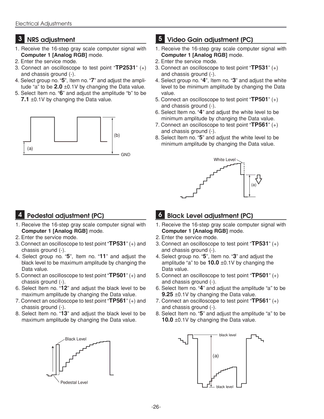 Eiki LC-XG210 service manual NRS adjustment, Pedestal adjustment PC, Video Gain adjustment PC, Black Level adjustment PC 