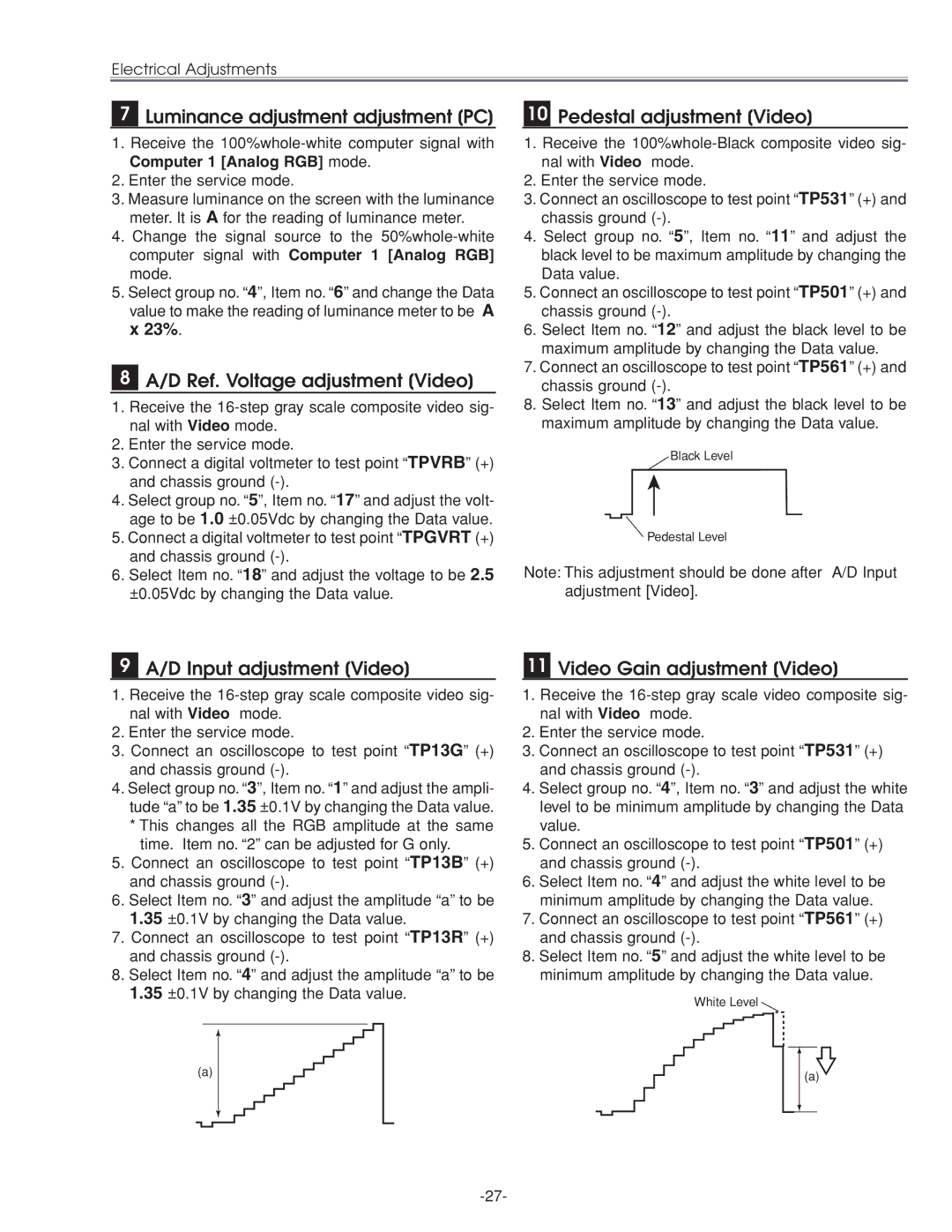 Eiki LC-XG210 service manual Luminance adjustment adjustment PC, D Ref. Voltage adjustment Video, Pedestal adjustment Video 