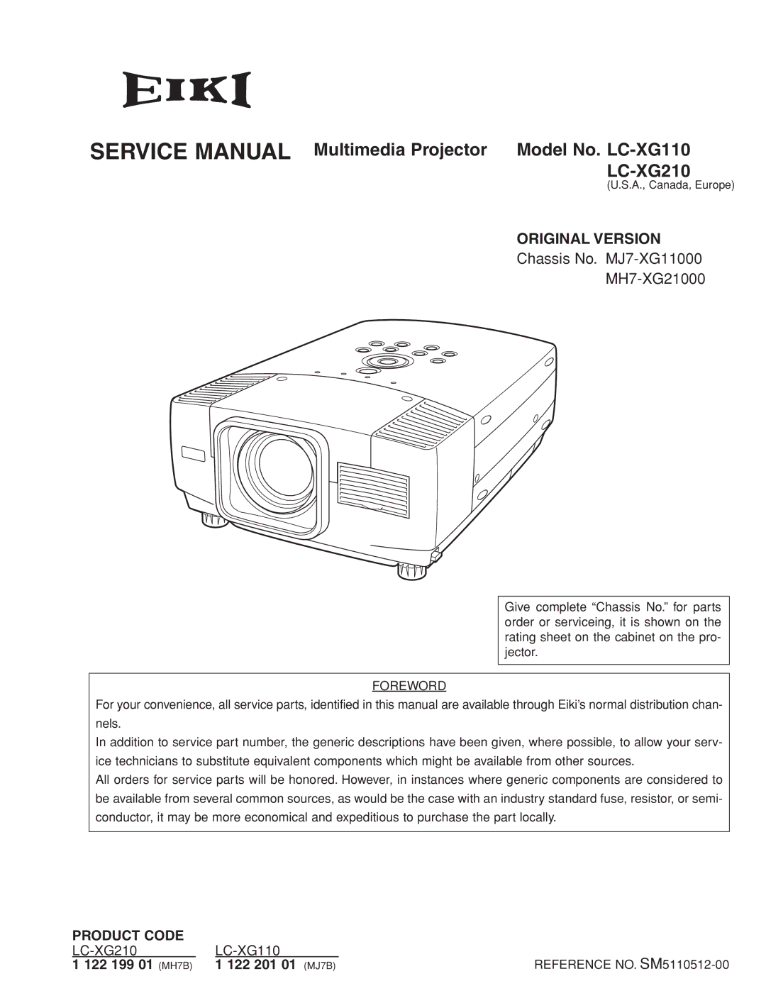 Eiki LC-XG210 service manual Original Version, Reference NO. SM5110512-00 