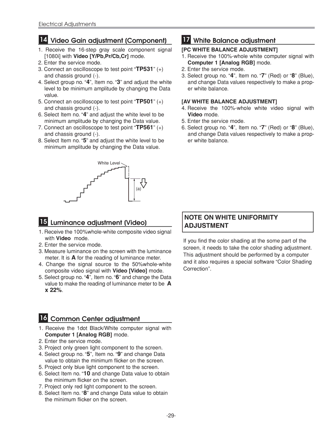 Eiki LC-XG210 service manual Video Gain adjustment Component, White Balance adjustment, Luminance adjustment Video 