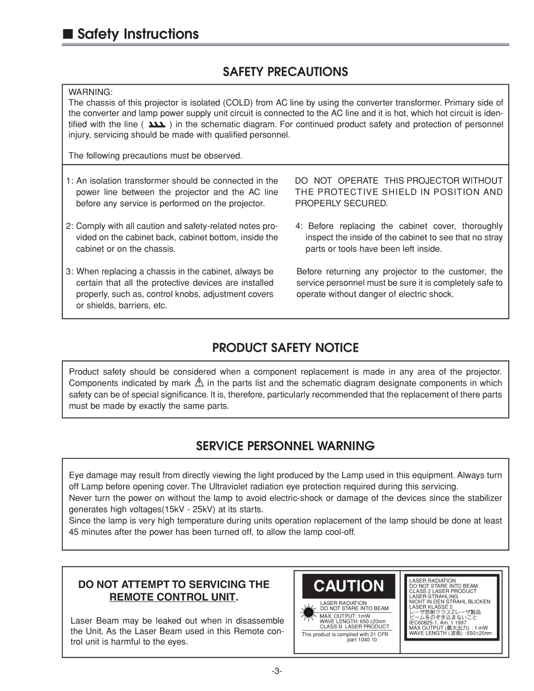 Eiki LC-XG210 service manual Safety Instructions, Safety Precautions 