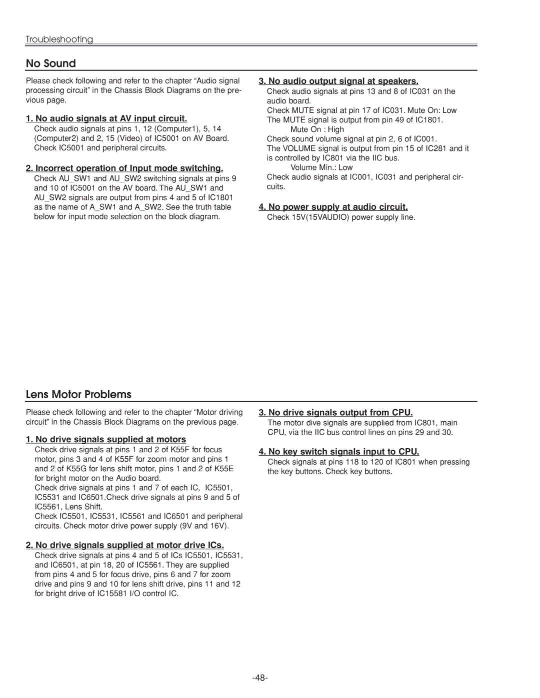 Eiki LC-XG210 service manual No Sound, Lens Motor Problems 