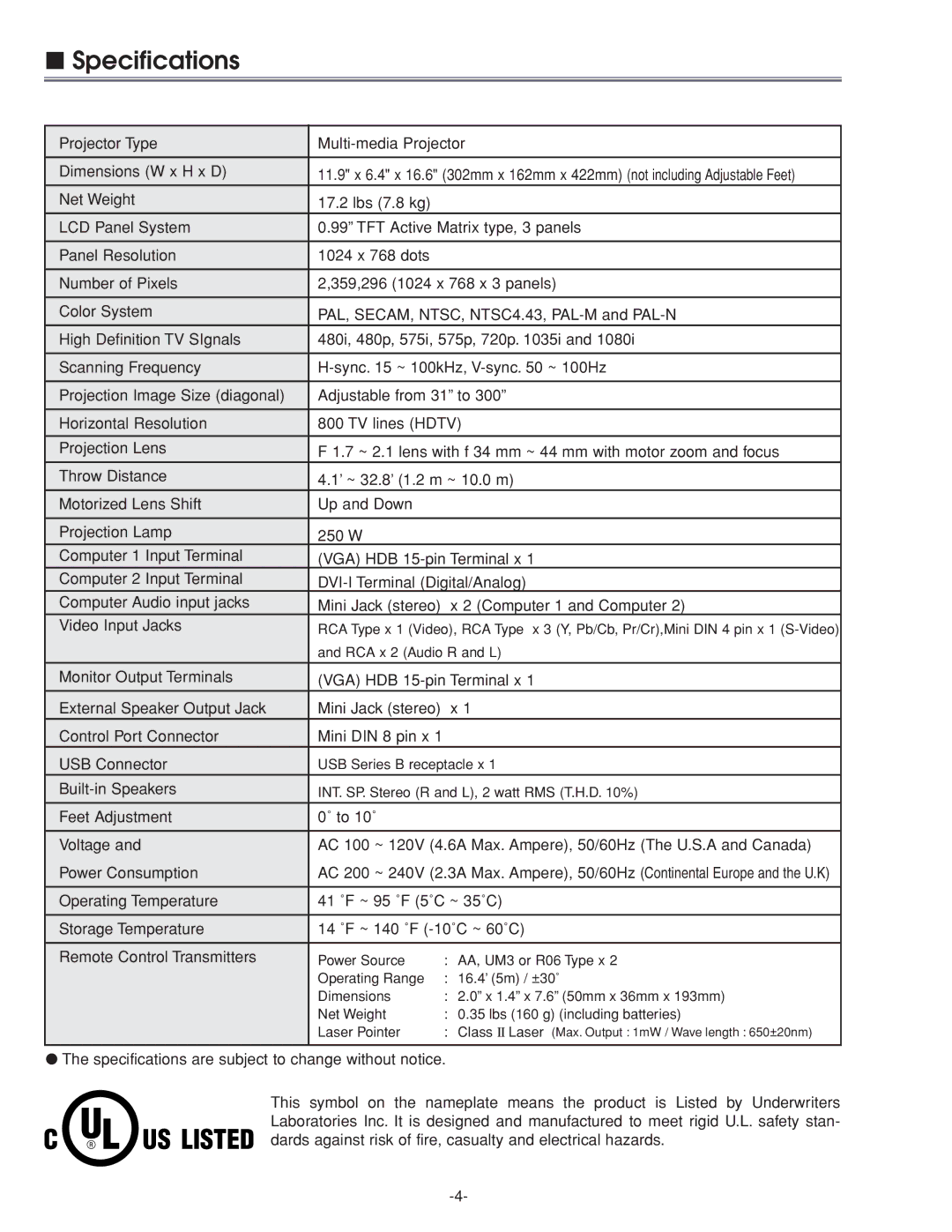 Eiki LC-XG210 service manual Specifications 