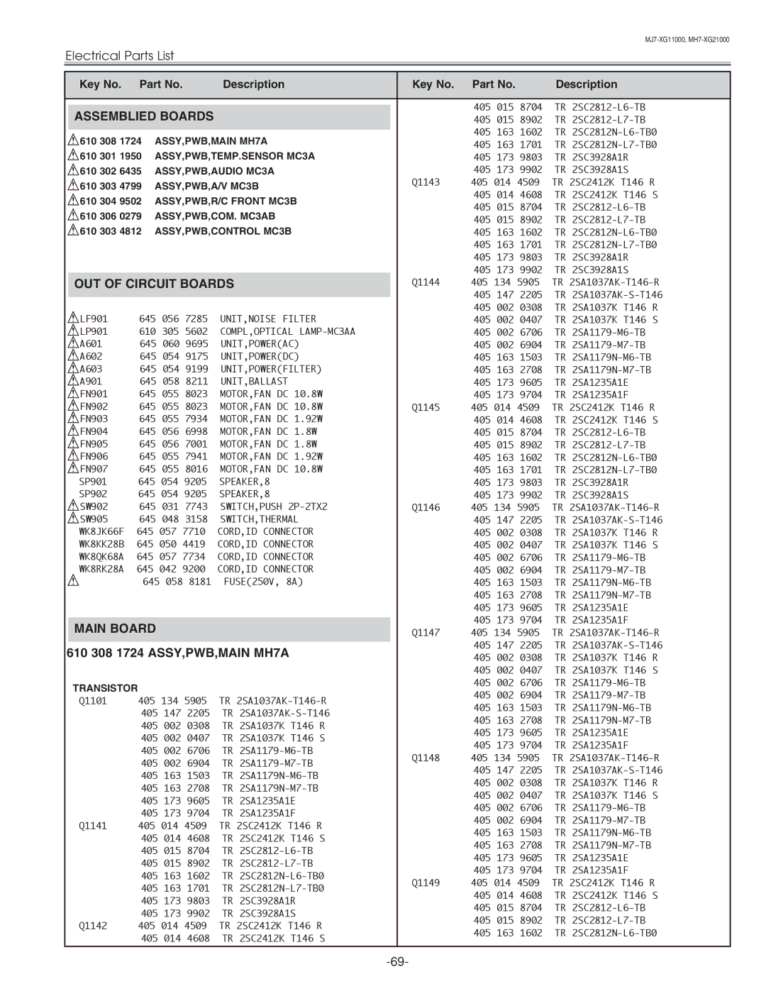 Eiki LC-XG210 service manual Assemblied Boards, OUT of Circuit Boards, 610 308 1724 ASSY,PWB,MAIN MH7A 