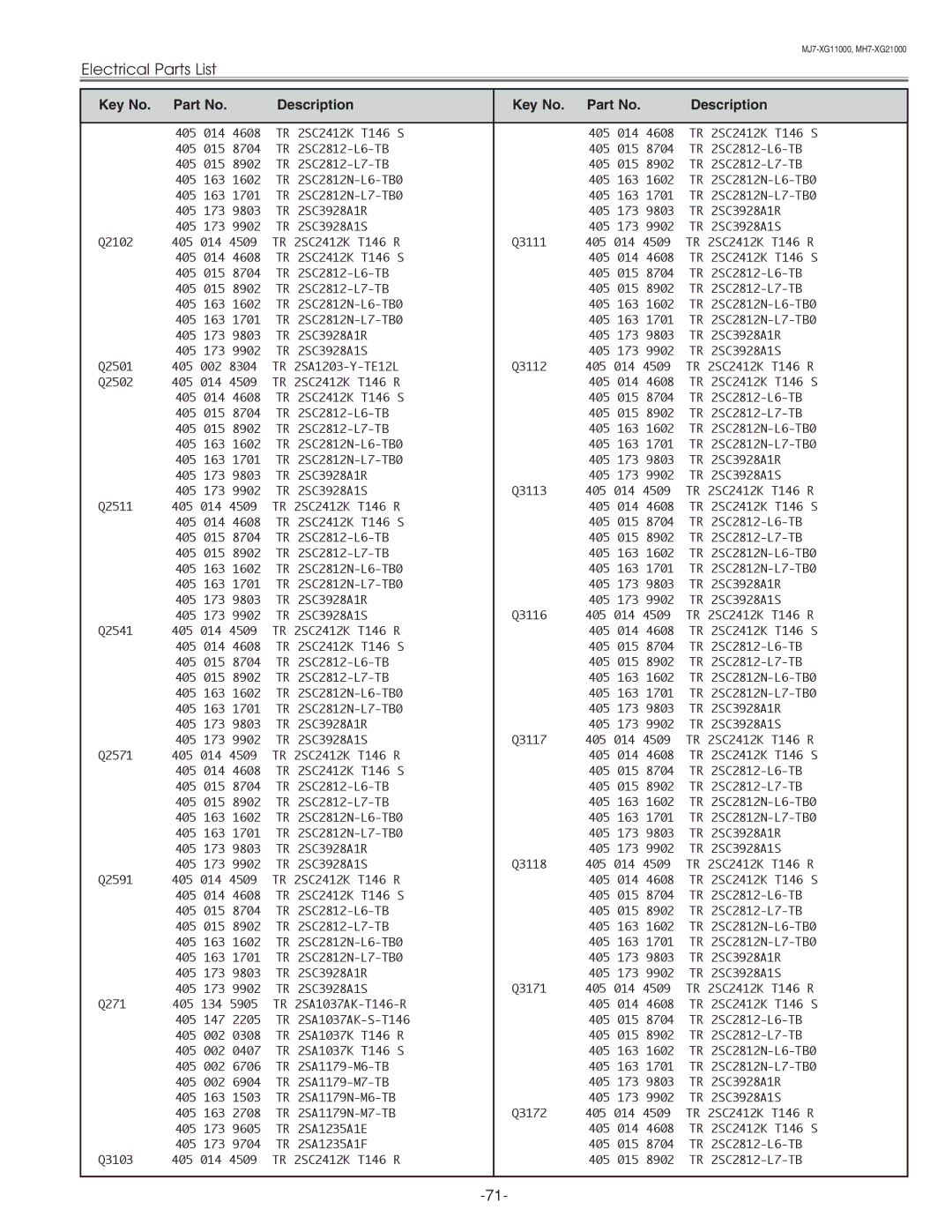 Eiki LC-XG210 service manual Electrical Parts List 