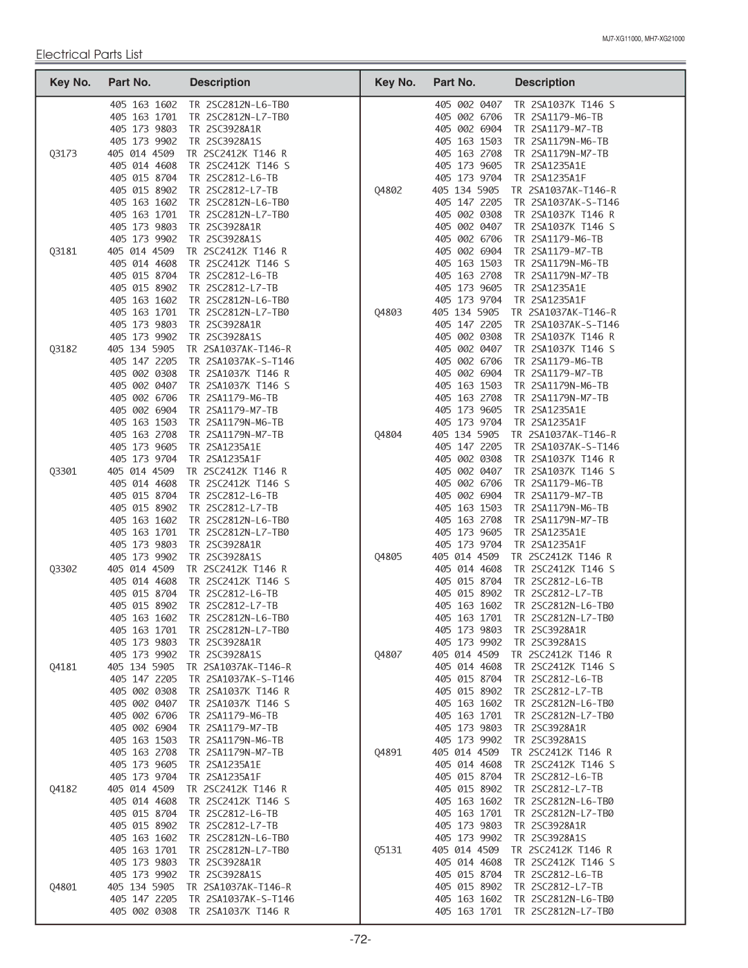 Eiki LC-XG210 service manual Electrical Parts List 