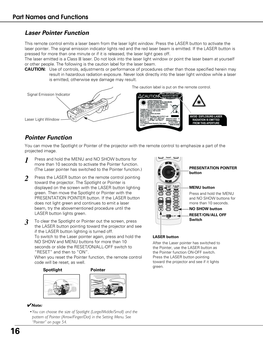 Eiki LC-XG250L, LC-XG300L owner manual Laser Pointer Function, Part Names and Functions, Spotlight 