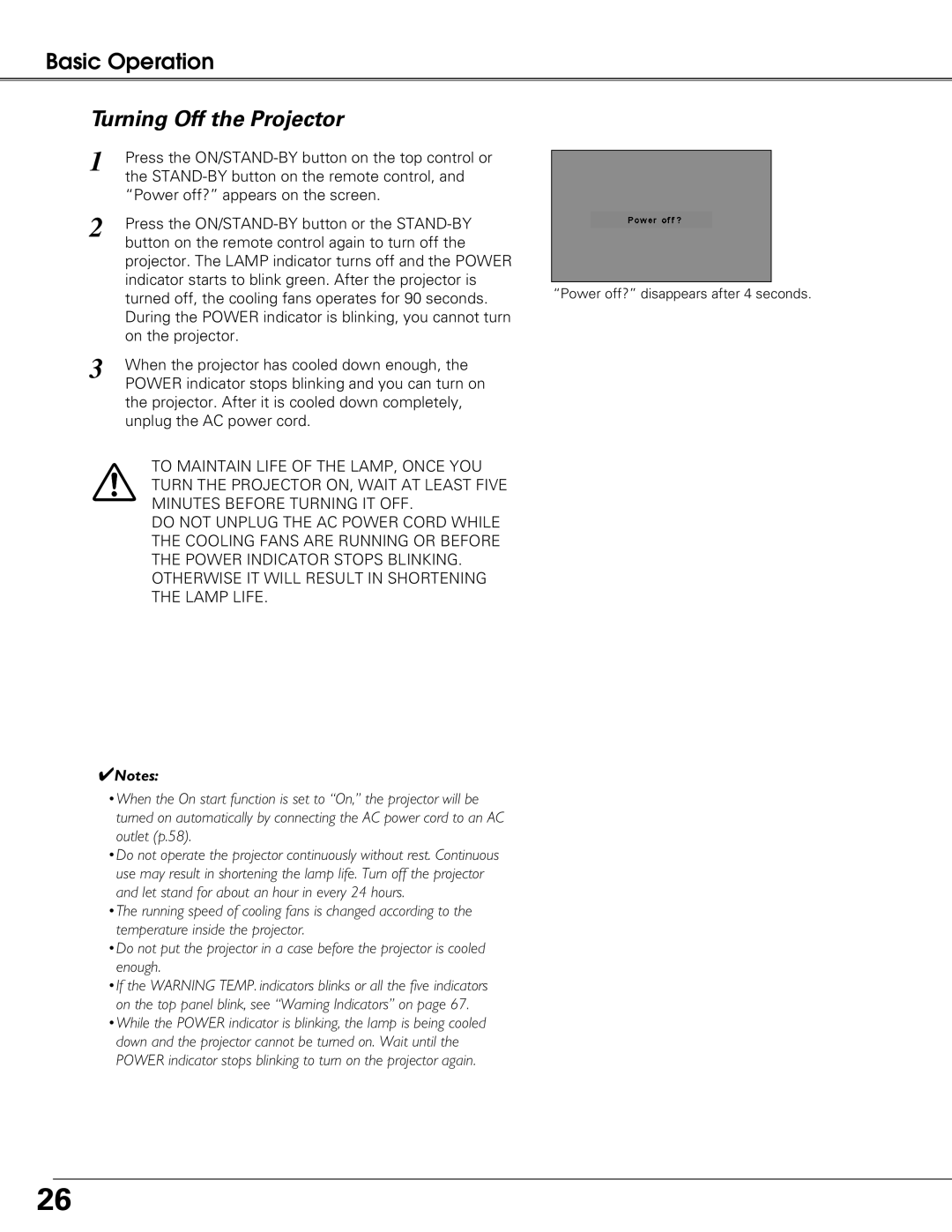 Eiki LC-XG250L, LC-XG300L owner manual Basic Operation, Turning Off the Projector, Notes 