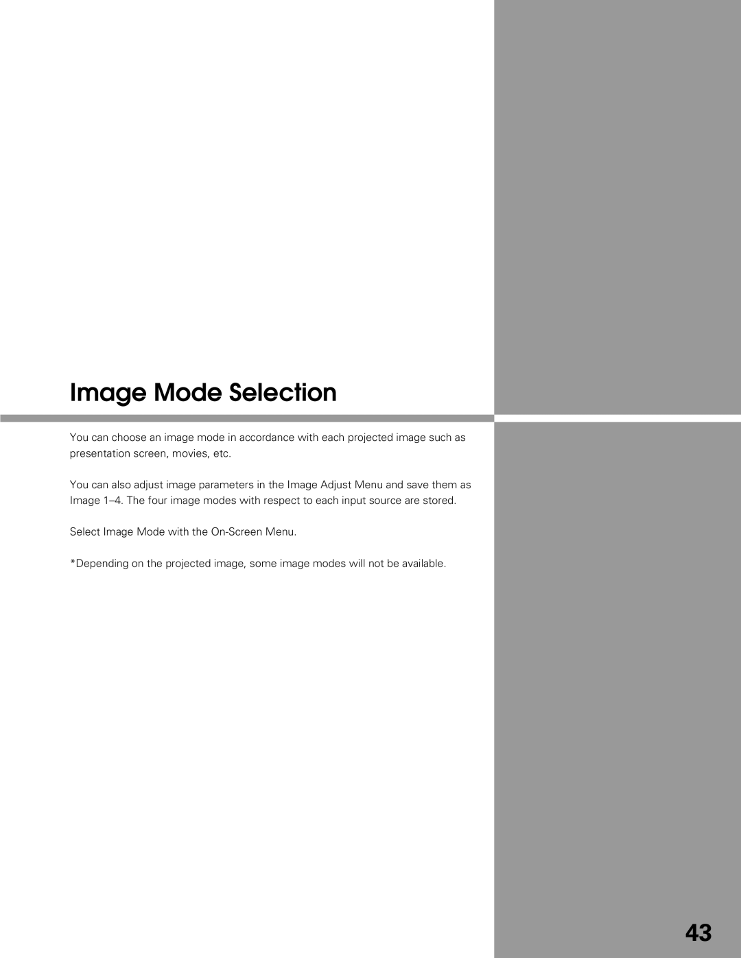 Eiki LC-XG300L, LC-XG250L owner manual Image Mode Selection 