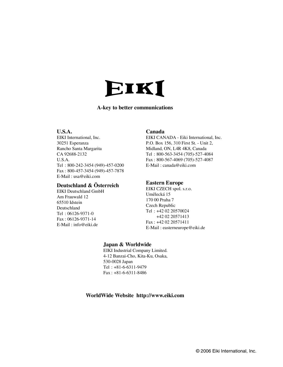 Eiki LC-XG300L A-keyto better communications, U.S.A, Canada, Deutschland & Österreich, Eastern Europe, Japan & Worldwide 