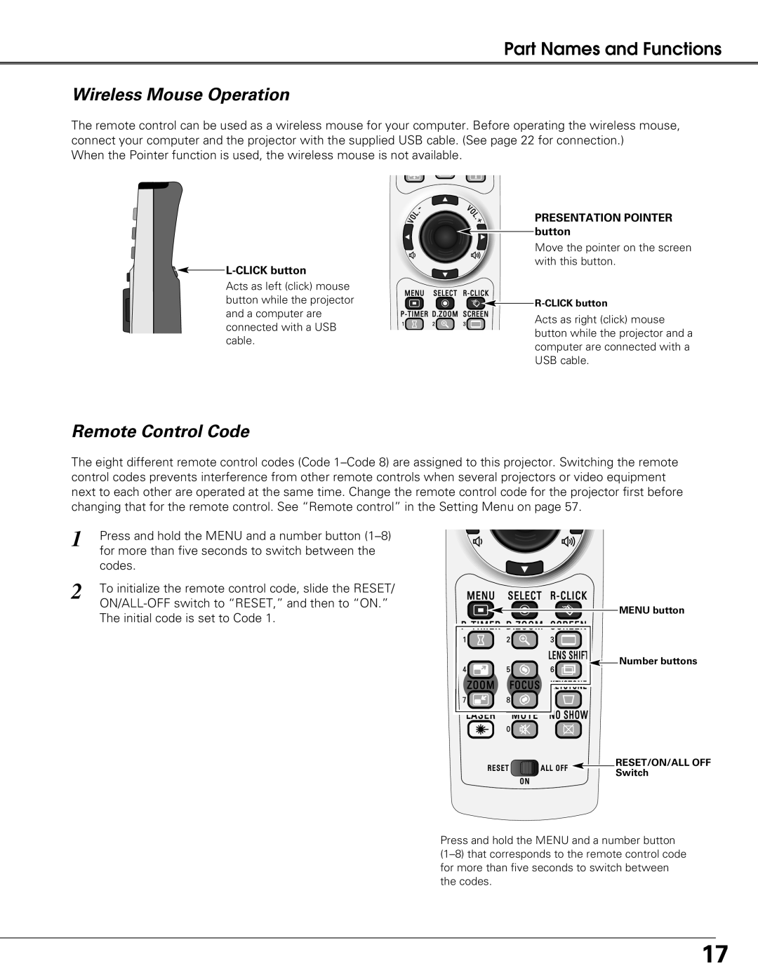 Eiki LC-XG250L, LC-XG300L owner manual Wireless Mouse Operation, Remote Control Code 