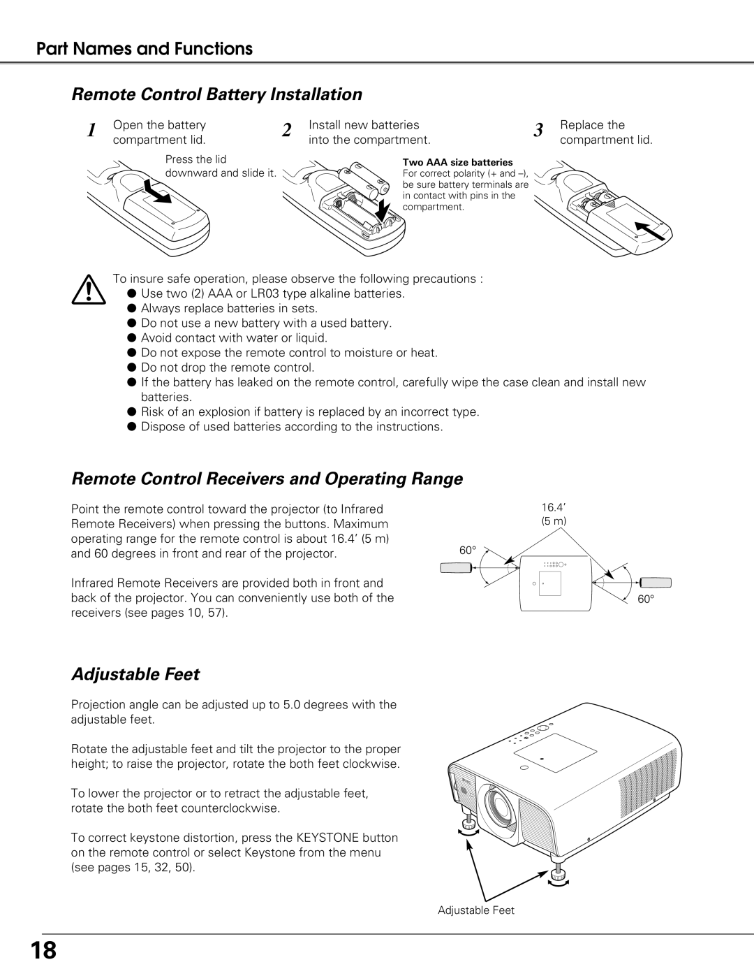 Eiki LC-XG250L Remote Control Battery Installation, Remote Control Receivers and Operating Range, Adjustable Feet 