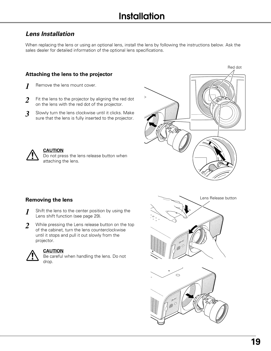 Eiki LC-XG300L, LC-XG250L owner manual Lens Installation, Attaching the lens to the projector, Removing the lens 