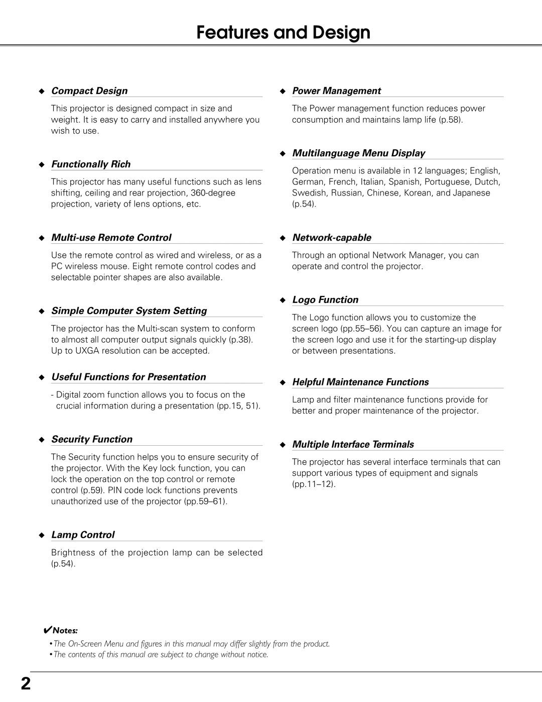 Eiki LC-XG250L, LC-XG300L owner manual Features and Design, Compact Design Power Management 