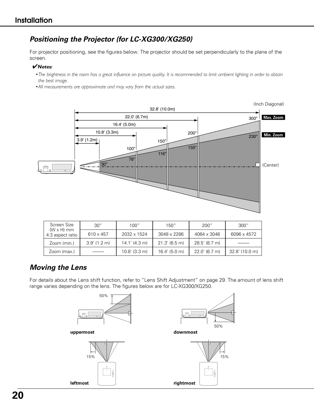 Eiki LC-XG250L, LC-XG300L owner manual Positioning the Projector for LC-XG300/XG250, Moving the Lens 