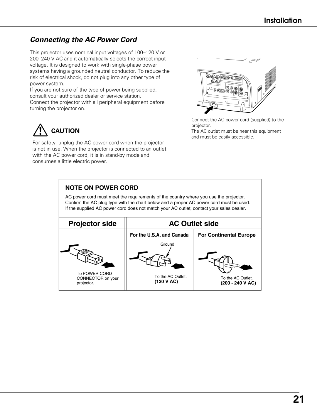 Eiki LC-XG250L, LC-XG300L owner manual Connecting the AC Power Cord, Projector side AC Outlet side 