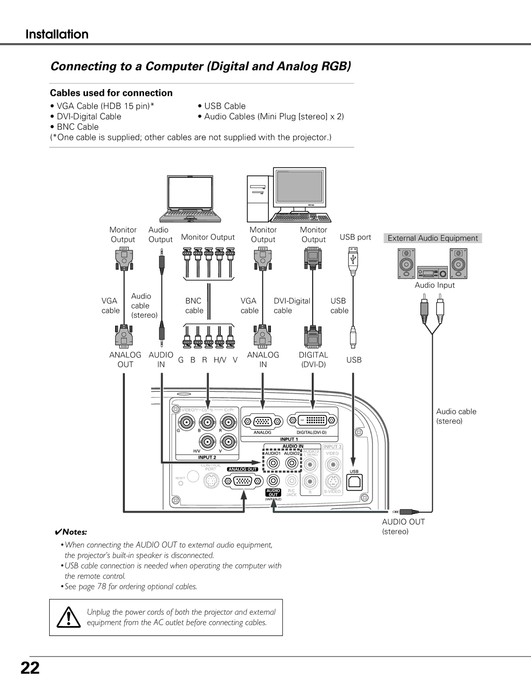 Eiki LC-XG250L, LC-XG300L owner manual Connecting to a Computer Digital and Analog RGB, Cables used for connection 