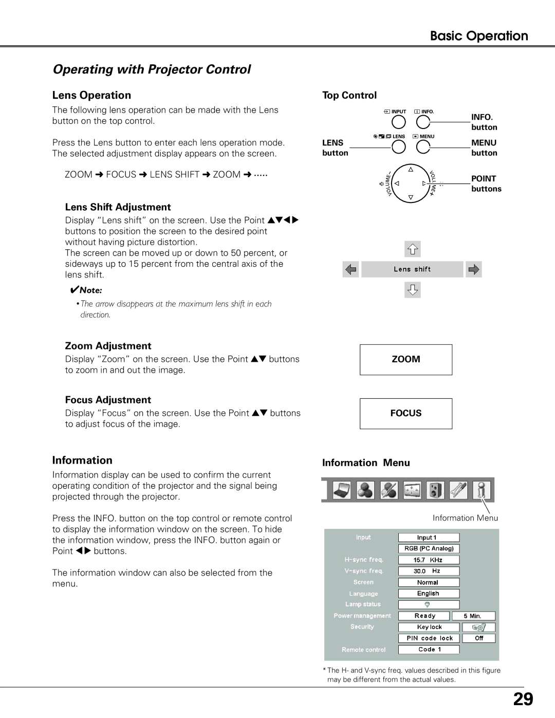 Eiki LC-XG250L, LC-XG300L owner manual Operating with Projector Control, Lens Operation, Information 