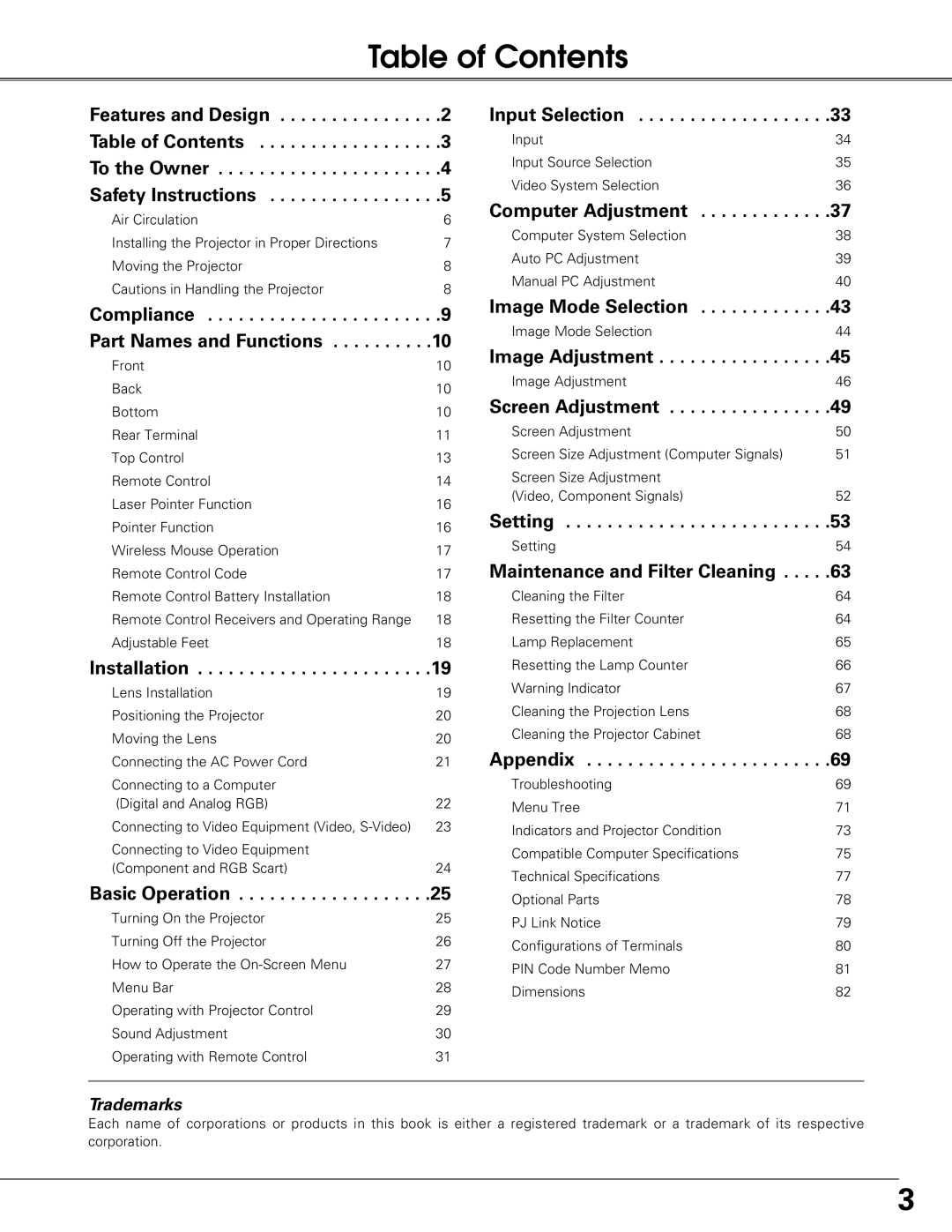 Eiki LC-XG300L, LC-XG250L owner manual Table of Contents 