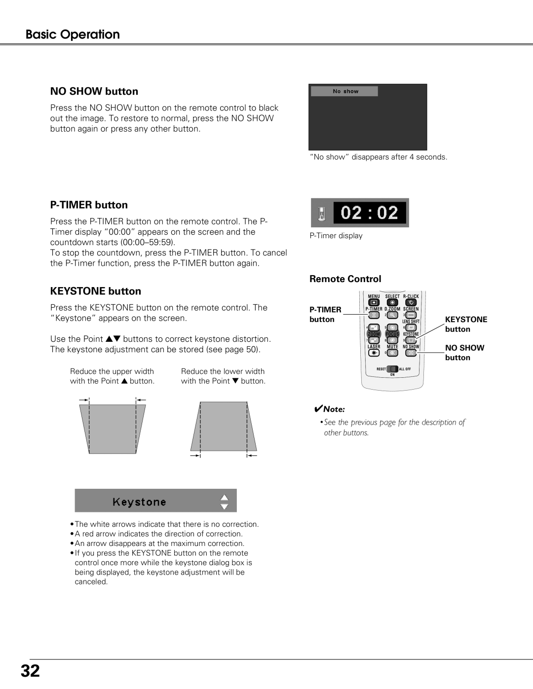 Eiki LC-XG250L, LC-XG300L owner manual No Show button, Timer button, Keystone button 