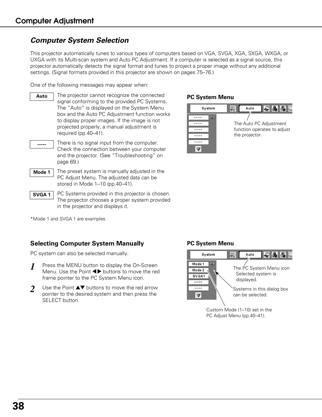 Eiki LC-XG250L, LC-XG300L owner manual Computer System Selection, Selecting Computer System Manually, PC System Menu 