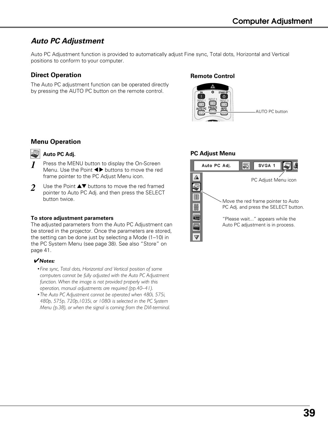 Eiki LC-XG300L, LC-XG250L owner manual Auto PC Adjustment, PC Adjust Menu, To store adjustment parameters 