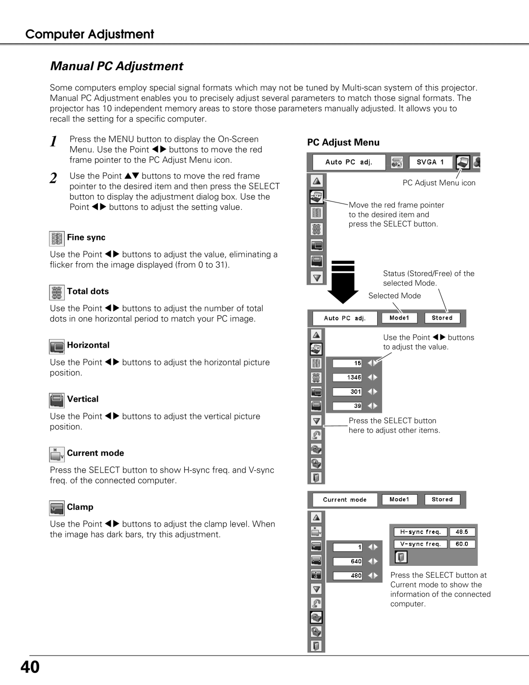 Eiki LC-XG250L, LC-XG300L owner manual Manual PC Adjustment 