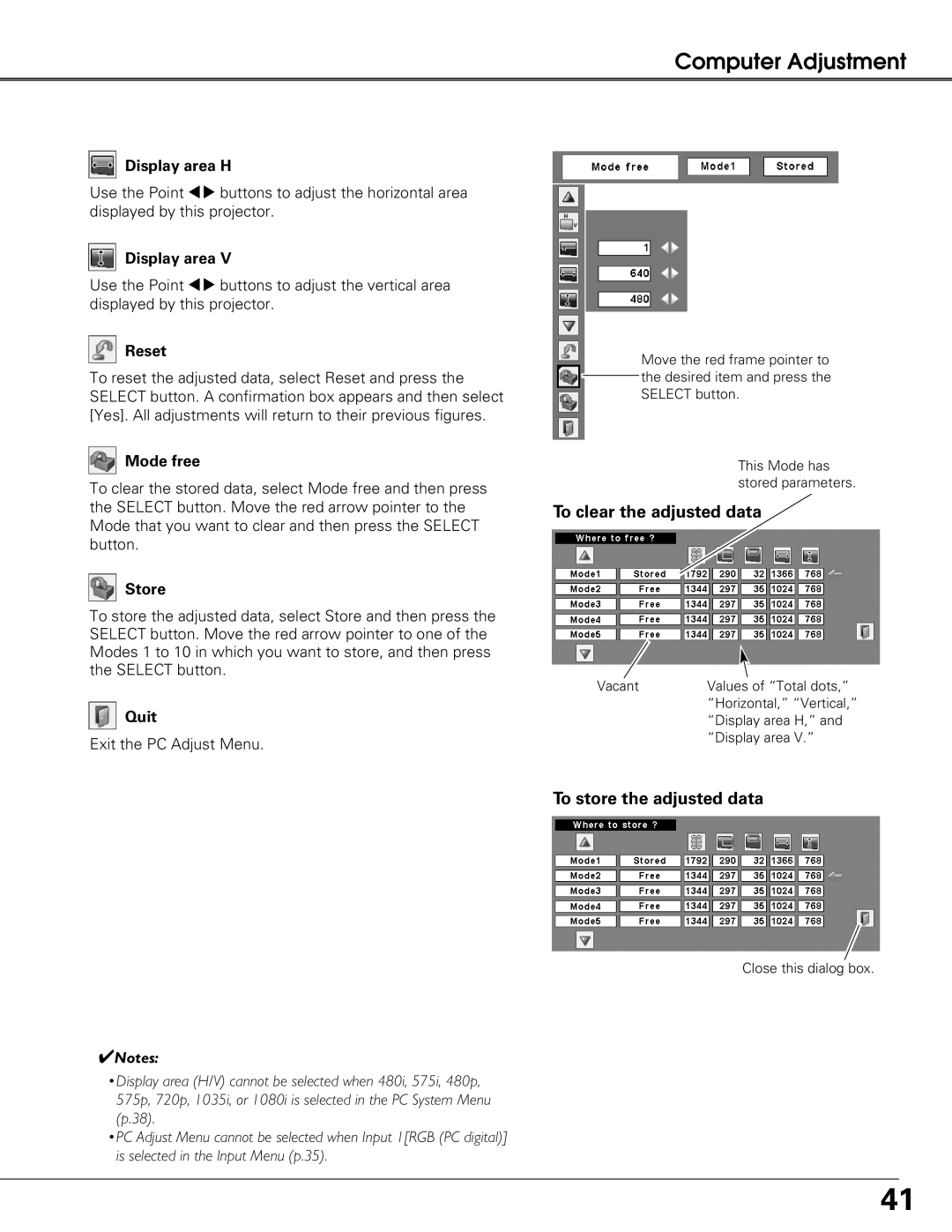 Eiki LC-XG250L, LC-XG300L owner manual To clear the adjusted data, To store the adjusted data 