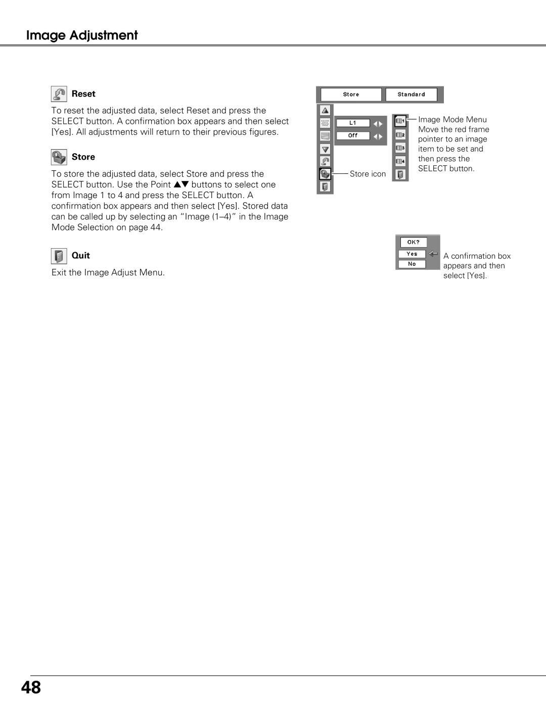 Eiki LC-XG250L, LC-XG300L owner manual To reset the adjusted data, select Reset and press 