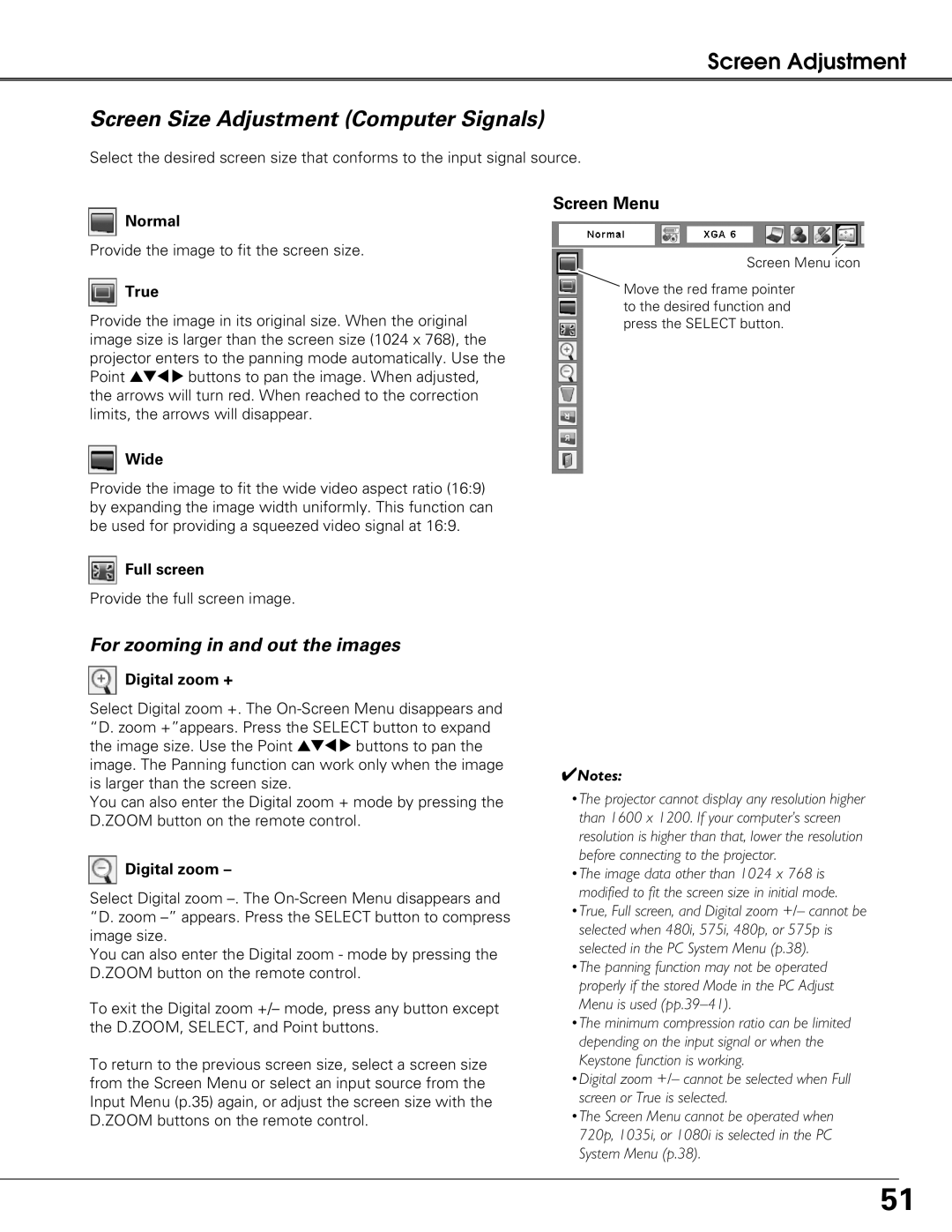 Eiki LC-XG300L, LC-XG250L owner manual Screen Size Adjustment Computer Signals 